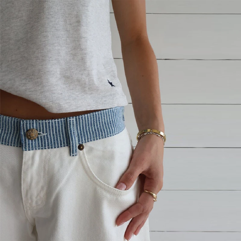 Women's Contrast Waistband White Wide Leg Jeans Low Rise Baggy Denim Pants Loose Fit Trousers Lady Date Commuter Casual Clothes