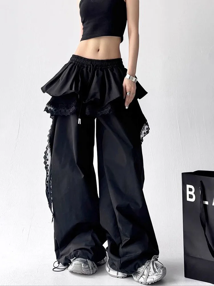 Black Cargo Pants Women Streetwear Lace Patchwork White Wide Leg Pants Summer Gyaru Harajuku Korean Baggy Trousers New