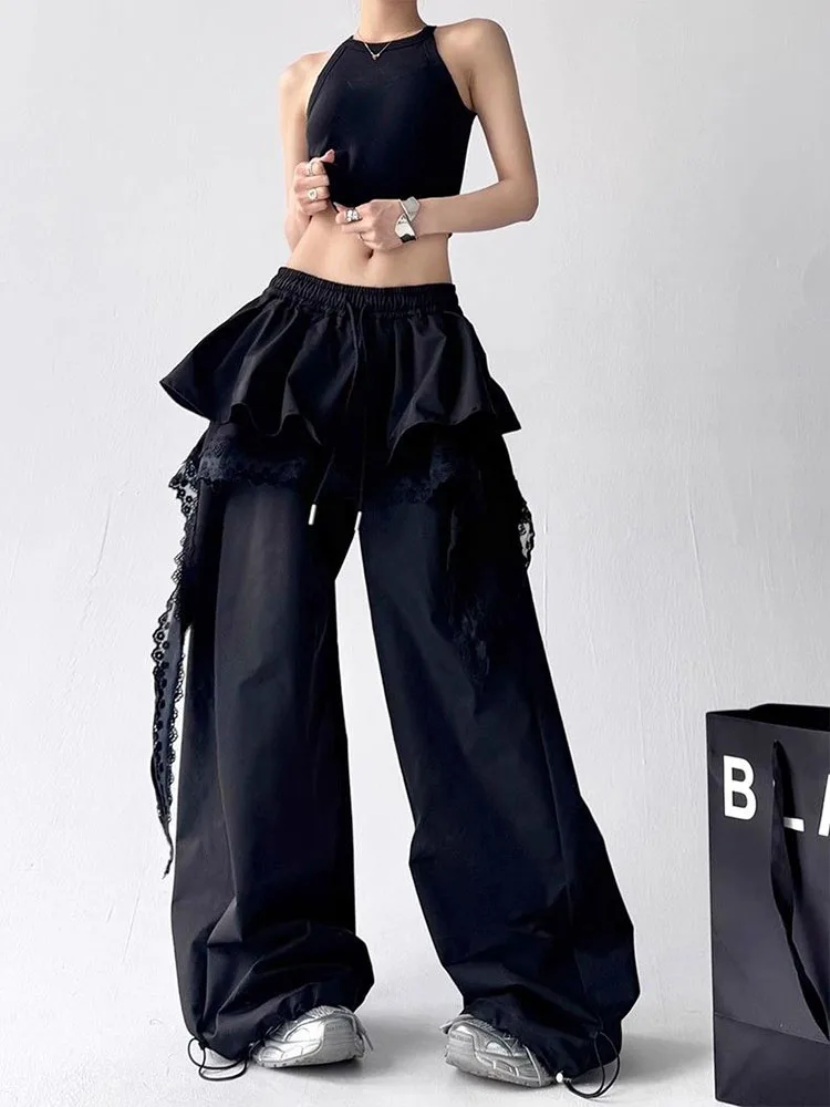 Black Cargo Pants Women Streetwear Lace Patchwork White Wide Leg Pants Summer Gyaru Harajuku Korean Baggy Trousers New