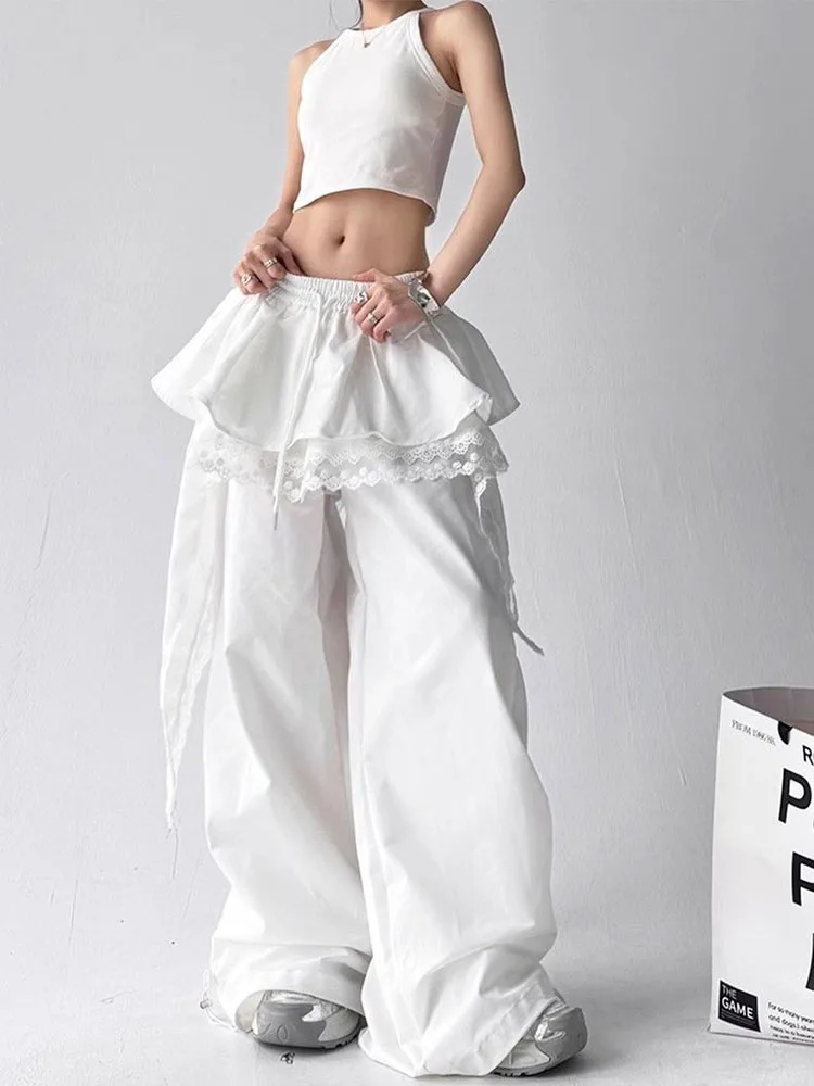 Black Cargo Pants Women Streetwear Lace Patchwork White Wide Leg Pants Summer Gyaru Harajuku Korean Baggy Trousers New
