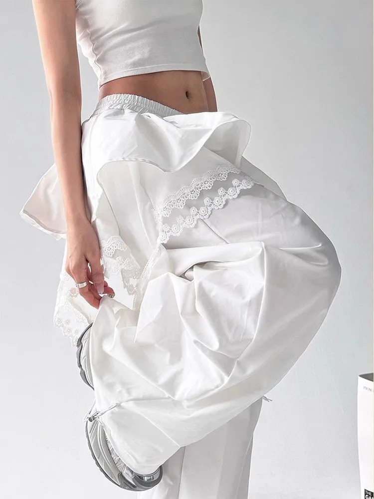 Black Cargo Pants Women Streetwear Lace Patchwork White Wide Leg Pants Summer Gyaru Harajuku Korean Baggy Trousers New