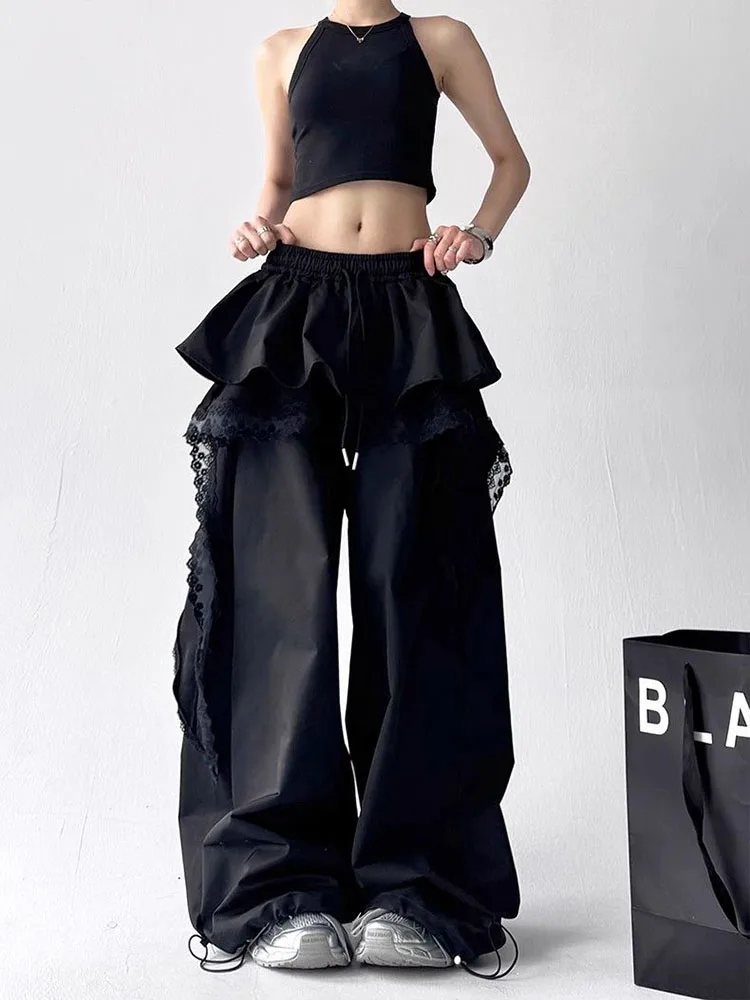 Black Cargo Pants Women Streetwear Lace Patchwork White Wide Leg Pants Summer Gyaru Harajuku Korean Baggy Trousers New
