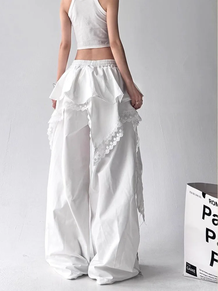 Black Cargo Pants Women Streetwear Lace Patchwork White Wide Leg Pants Summer Gyaru Harajuku Korean Baggy Trousers New