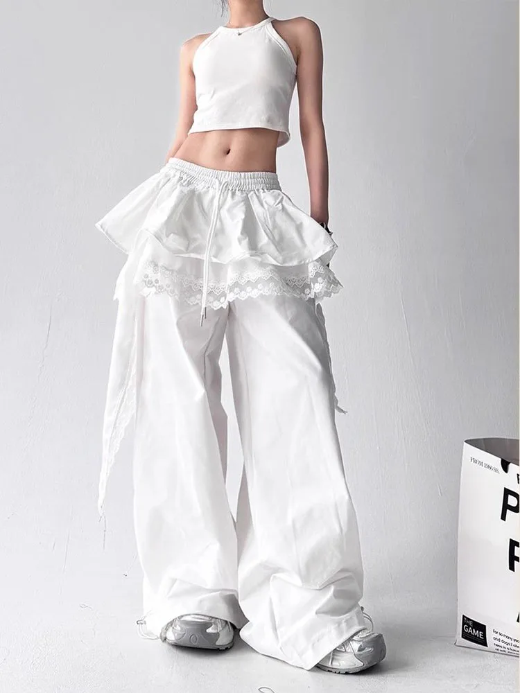 Black Cargo Pants Women Streetwear Lace Patchwork White Wide Leg Pants Summer Gyaru Harajuku Korean Baggy Trousers New
