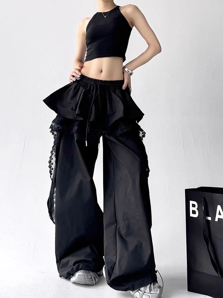 Black Cargo Pants Women Streetwear Lace Patchwork White Wide Leg Pants Summer Gyaru Harajuku Korean Baggy Trousers New