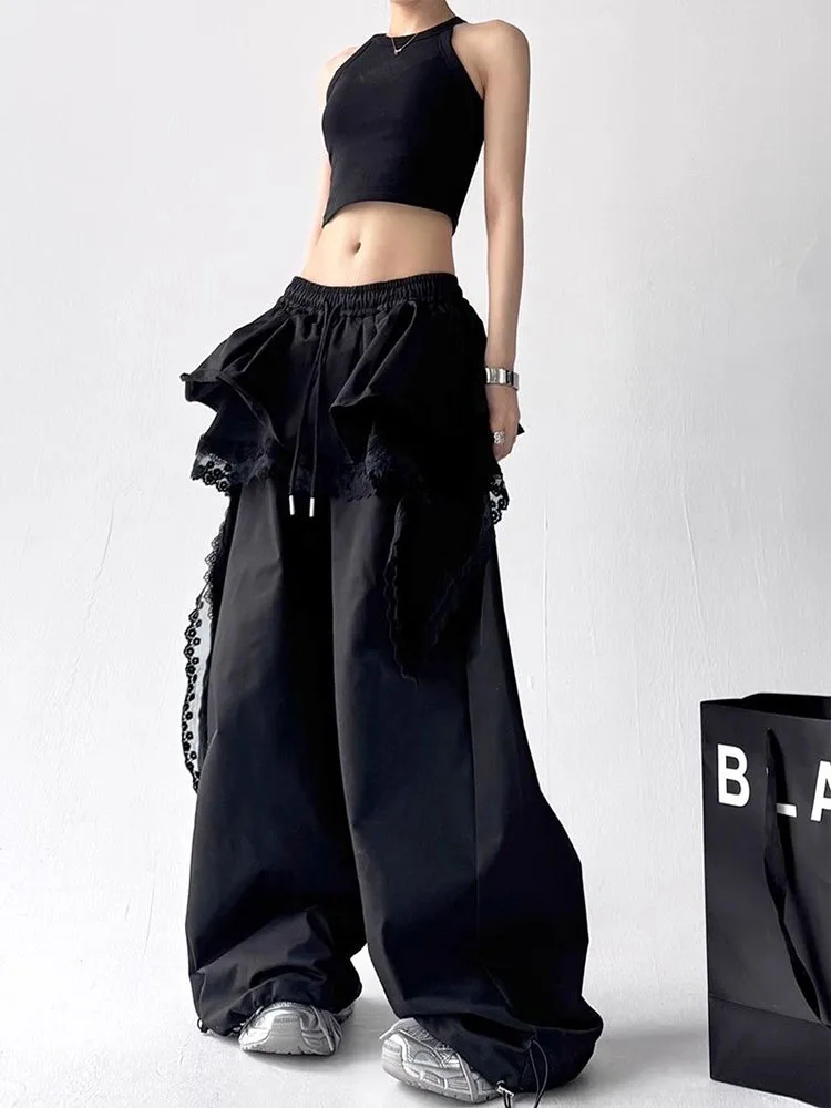 Black Cargo Pants Women Streetwear Lace Patchwork White Wide Leg Pants Summer Gyaru Harajuku Korean Baggy Trousers New