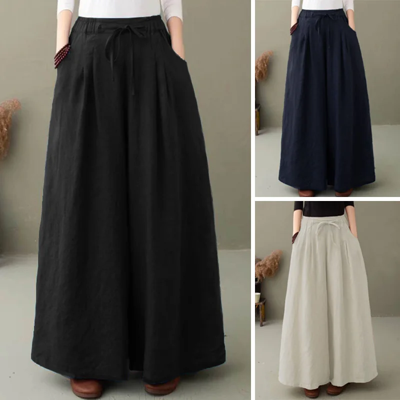 ZANZEA Elegant Women's Wide Leg Pants Autumn Trousers Casual Drawstring Pantalon Palazzo Female Elastic Waist Turnip Oversized