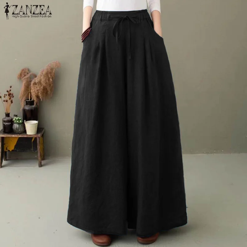ZANZEA Elegant Women's Wide Leg Pants Autumn Trousers Casual Drawstring Pantalon Palazzo Female Elastic Waist Turnip Oversized