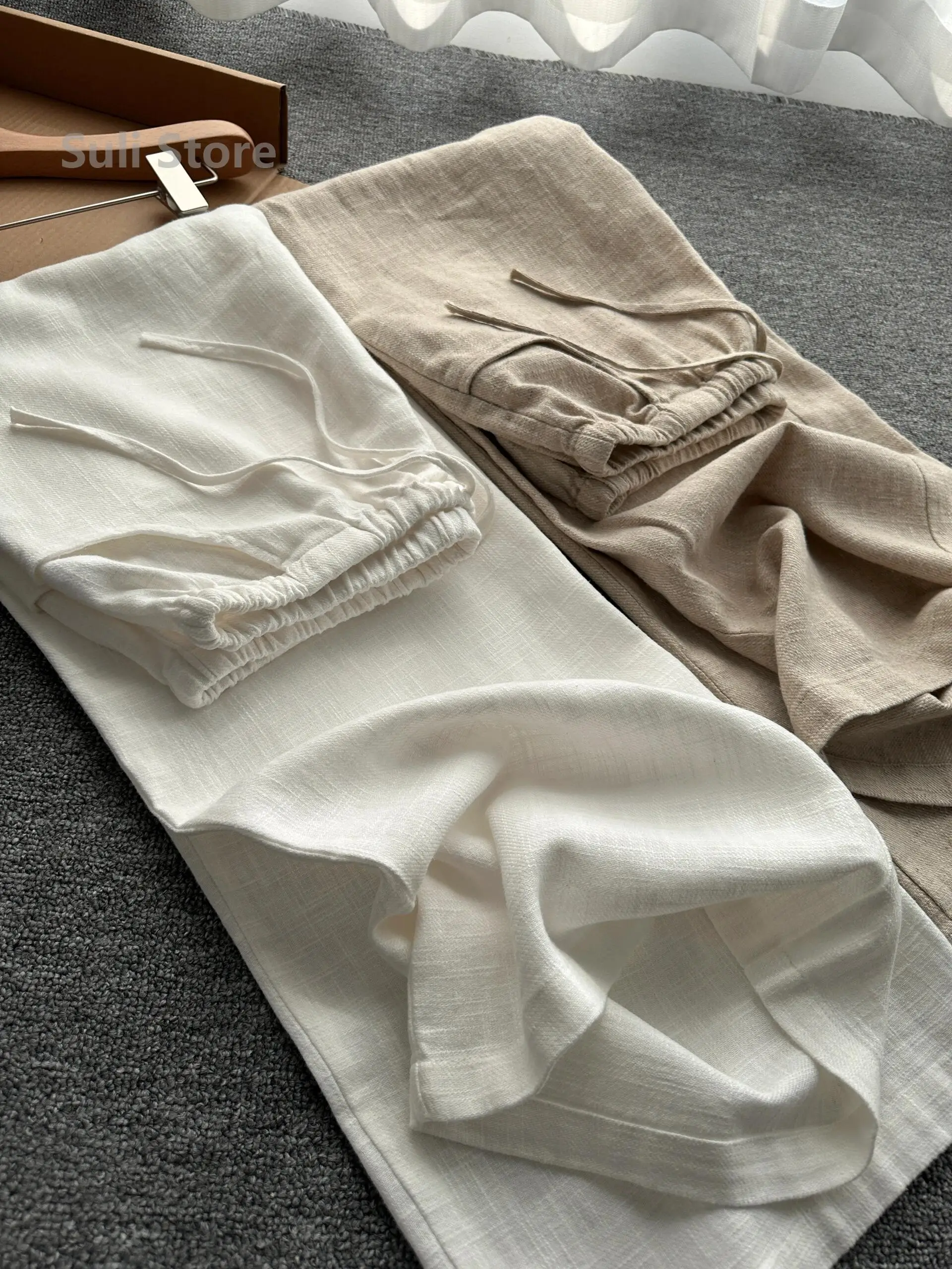 Lightweight Loose Fit Linen Wide Leg Pants Women's Casual Elastic Waist Drawstring Loose Comfortable Breathable Long Trousers