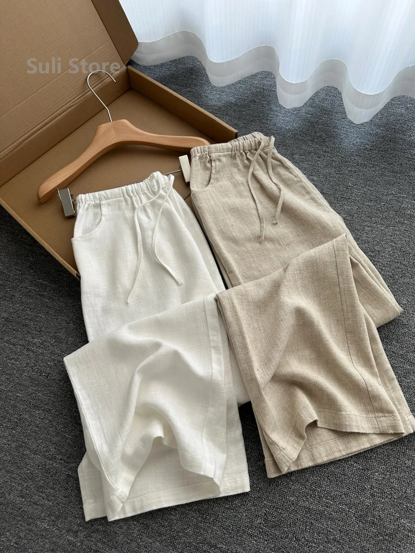 Lightweight Loose Fit Linen Wide Leg Pants Women's Casual Elastic Waist Drawstring Loose Comfortable Breathable Long Trousers