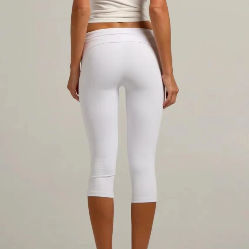 Individuality Low Rise Split Hem Length Skinny Pants Women Solid Fold Over Capri Leggings Casual Summer Streetwear Yoga Pants