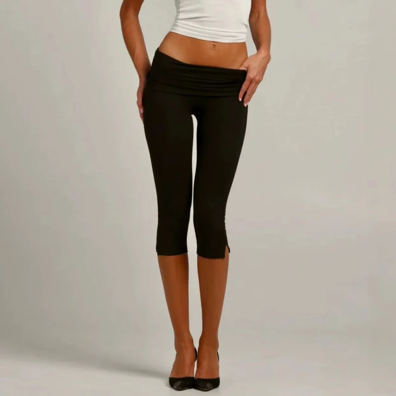 Individuality Low Rise Split Hem Length Skinny Pants Women Solid Fold Over Capri Leggings Casual Summer Streetwear Yoga Pants
