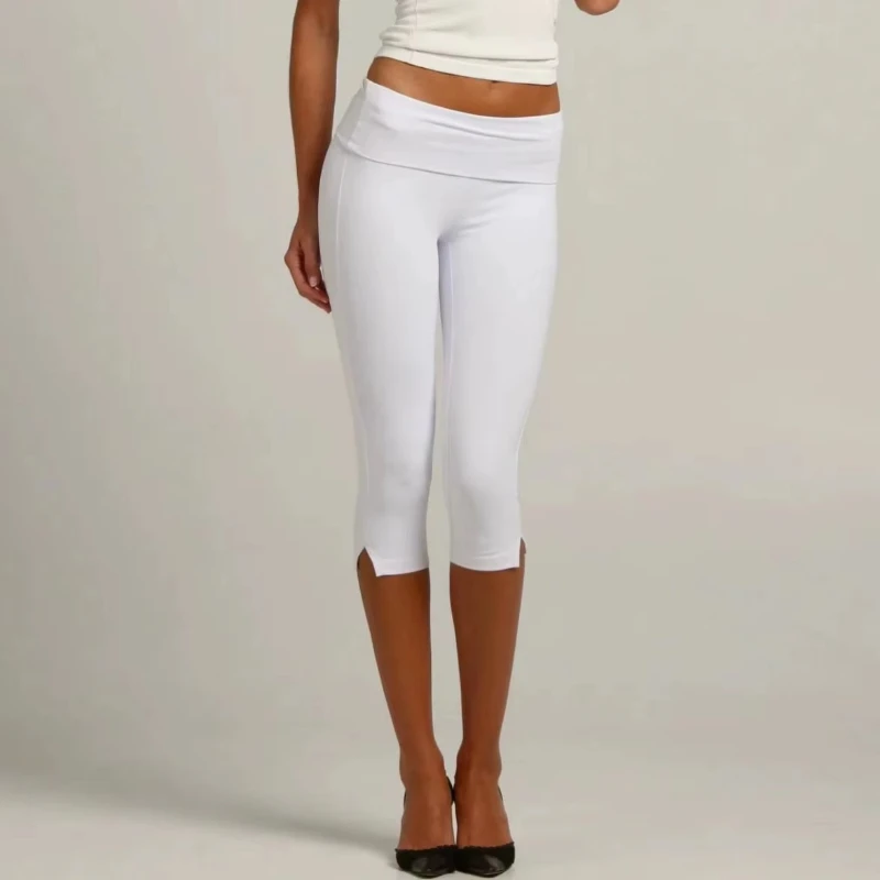 Individuality Low Rise Split Hem Length Skinny Pants Women Solid Fold Over Capri Leggings Casual Summer Streetwear Yoga Pants