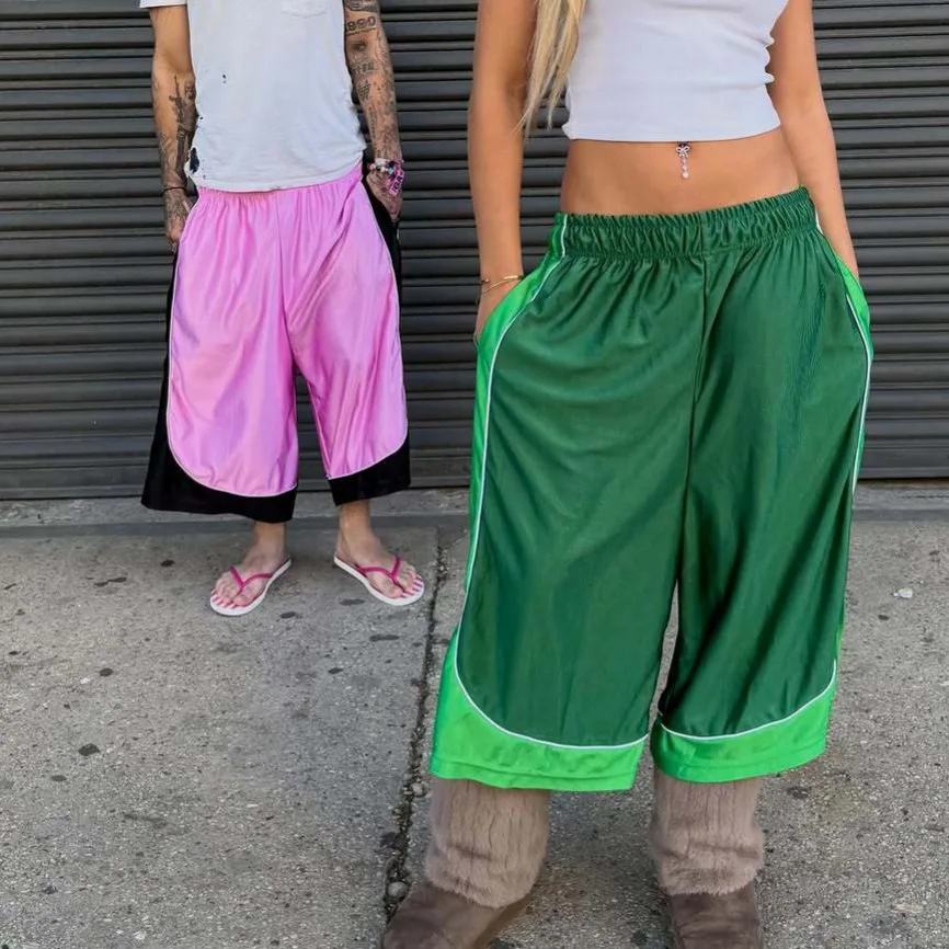 Men Women Streetwear Basketball Shorts American Retro Color Block Patchwork Trendy Elastic Shiny Cropped Sports Casual Bottoms