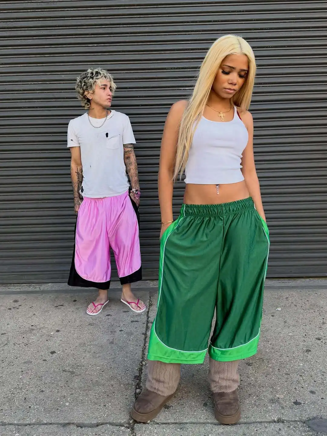 Men Women Streetwear Basketball Shorts American Retro Color Block Patchwork Trendy Elastic Shiny Cropped Sports Casual Bottoms