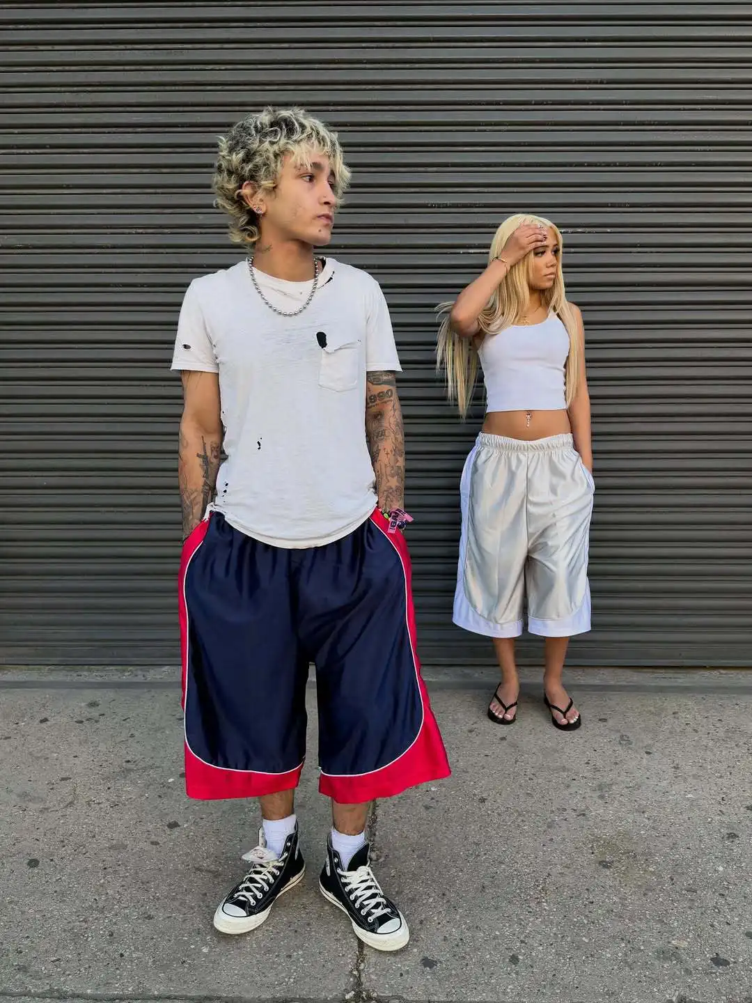 Men Women Streetwear Basketball Shorts American Retro Color Block Patchwork Trendy Elastic Shiny Cropped Sports Casual Bottoms