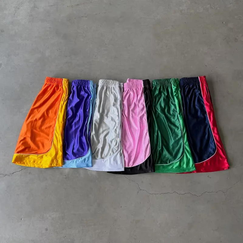 Men Women Streetwear Basketball Shorts American Retro Color Block Patchwork Trendy Elastic Shiny Cropped Sports Casual Bottoms