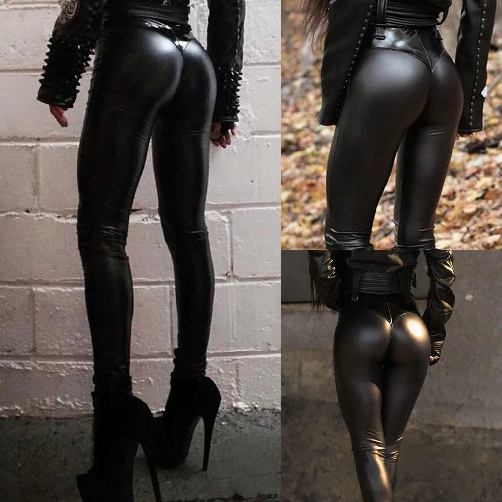 Sexy Black Leather Pants High Stretchy PU Leggings Women's High Waist Skinny Tights Elastic Butt Lifting Motro Biker Trousers