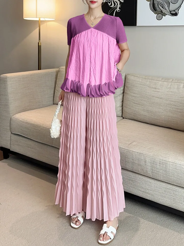 LANMREM Pleated New Elastic Waist Women's Wide Leg Pants Chic Elegant Design Handmade Pleated Stretch Loose Long Pants 2DB3646