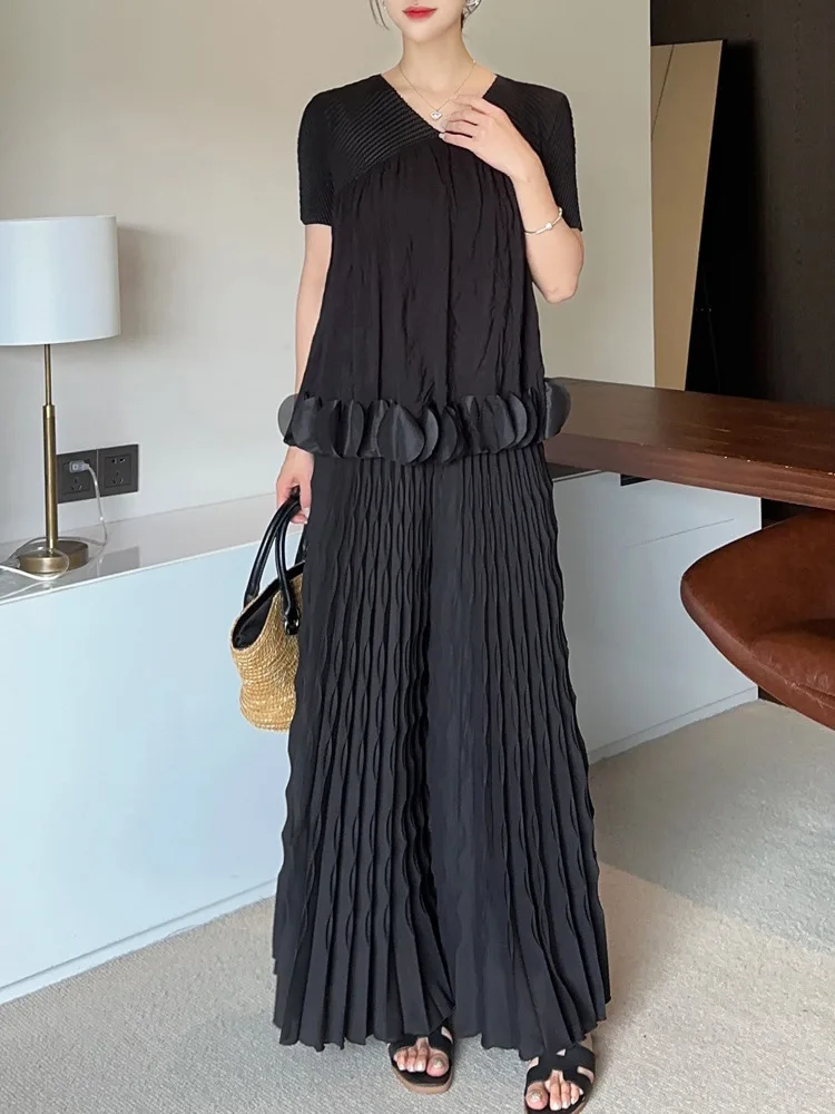 LANMREM Pleated New Elastic Waist Women's Wide Leg Pants Chic Elegant Design Handmade Pleated Stretch Loose Long Pants 2DB3646