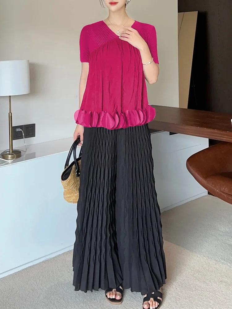 LANMREM Pleated New Elastic Waist Women's Wide Leg Pants Chic Elegant Design Handmade Pleated Stretch Loose Long Pants 2DB3646