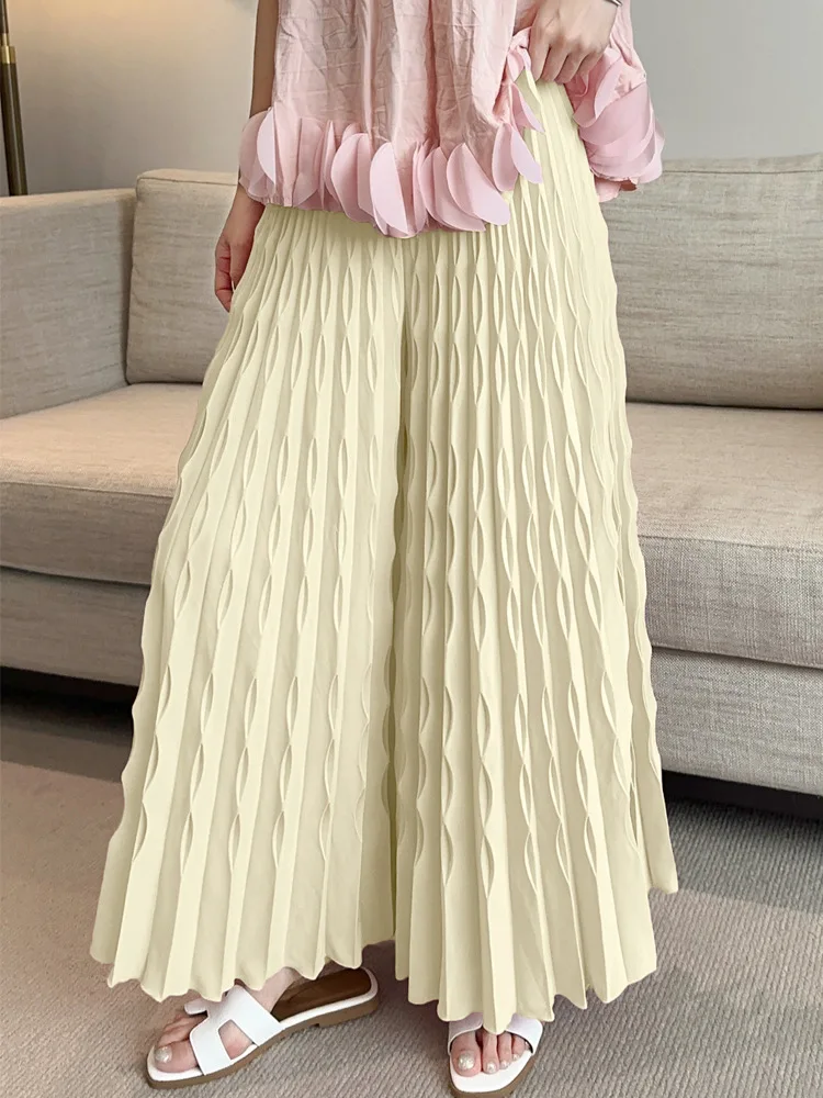 LANMREM Pleated New Elastic Waist Women's Wide Leg Pants Chic Elegant Design Handmade Pleated Stretch Loose Long Pants 2DB3646