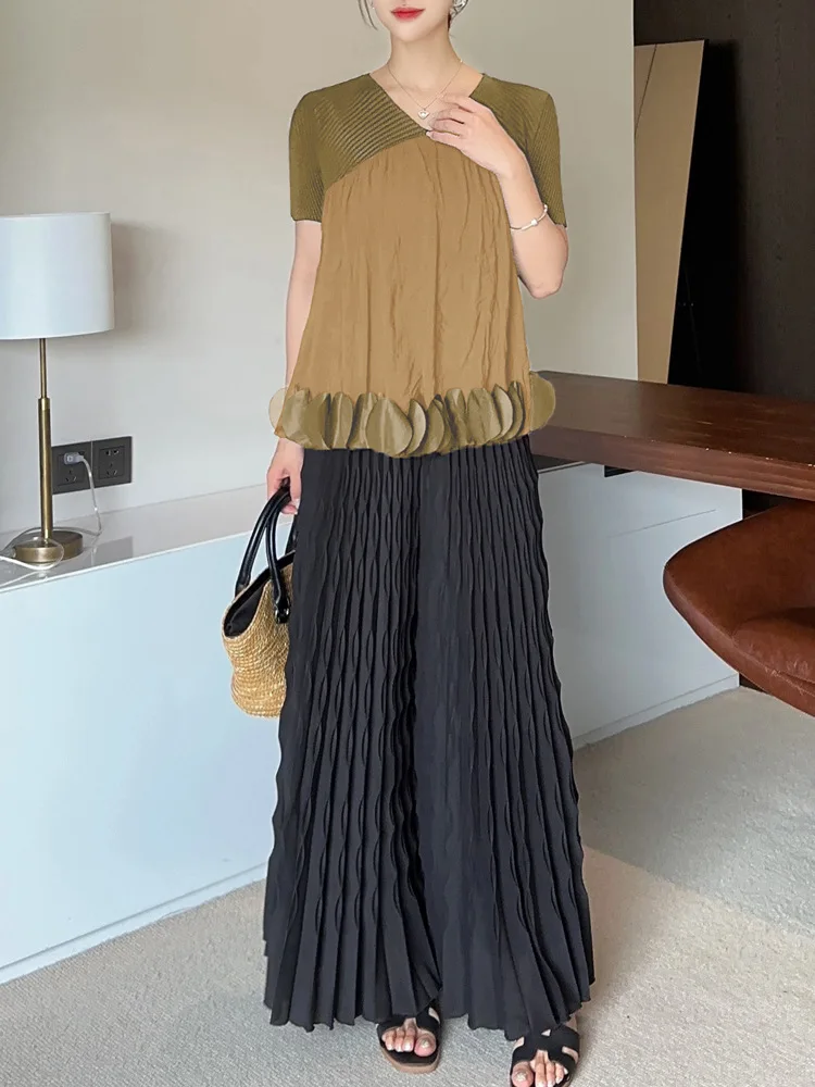 LANMREM Pleated New Elastic Waist Women's Wide Leg Pants Chic Elegant Design Handmade Pleated Stretch Loose Long Pants 2DB3646