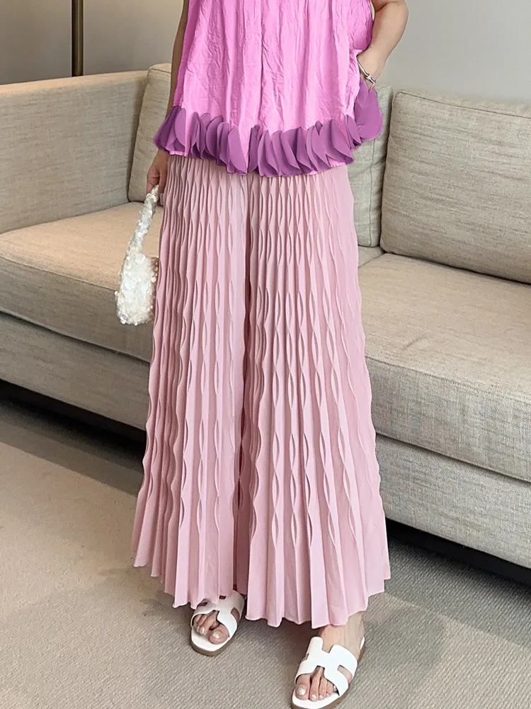 LANMREM Pleated New Elastic Waist Women's Wide Leg Pants Chic Elegant Design Handmade Pleated Stretch Loose Long Pants 2DB3646