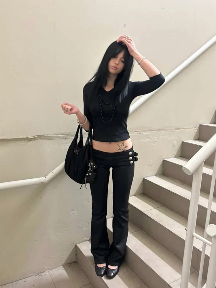 American Retro Fashionable Aesthetics Women Y2K Millennium Functional Style Trousers Sexy Slim Fit Chic Trendy Gyaru Black Pants