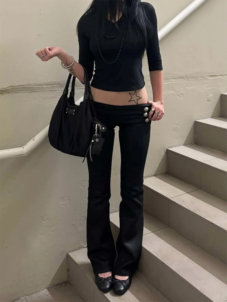American Retro Fashionable Aesthetics Women Y2K Millennium Functional Style Trousers Sexy Slim Fit Chic Trendy Gyaru Black Pants