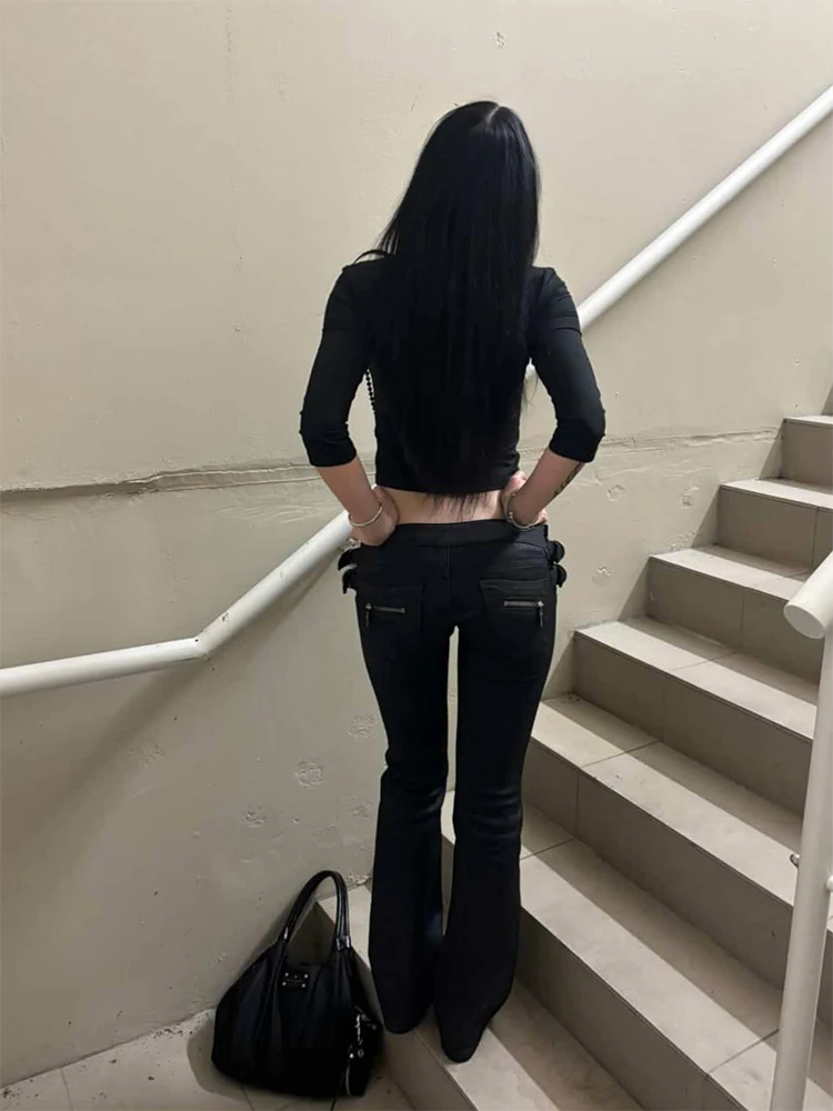 American Retro Fashionable Aesthetics Women Y2K Millennium Functional Style Trousers Sexy Slim Fit Chic Trendy Gyaru Black Pants