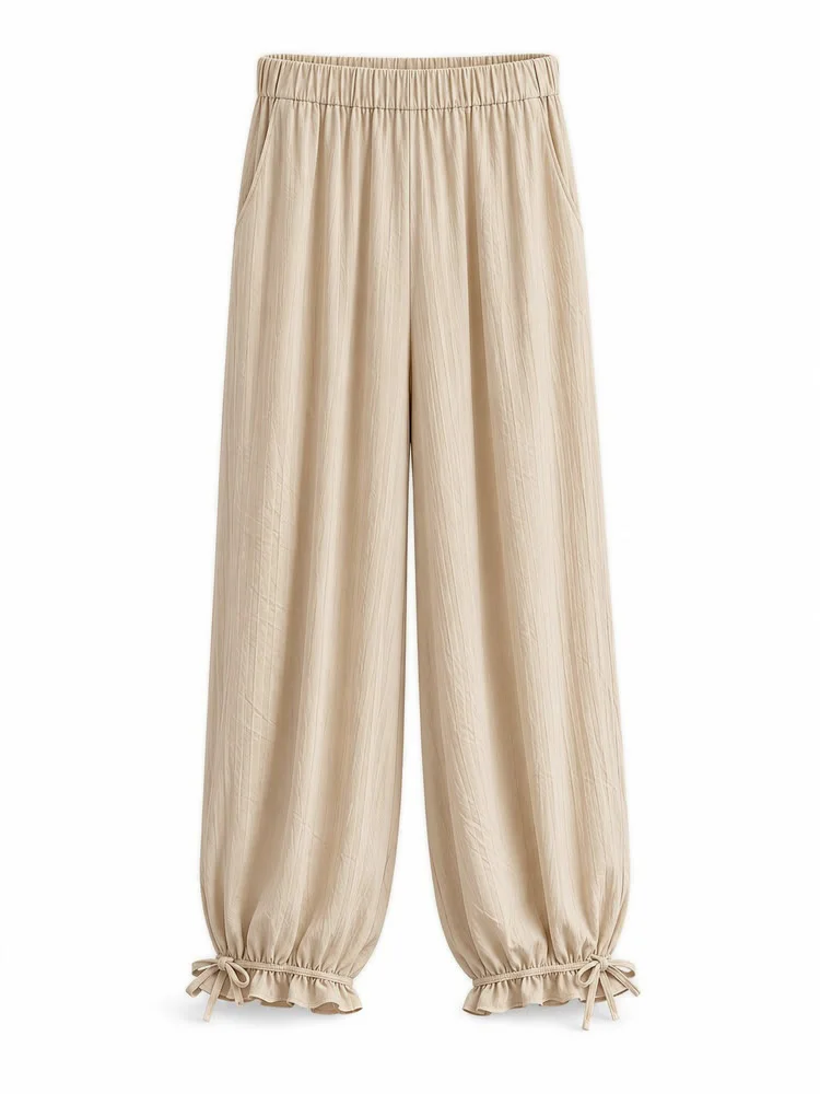 Women Wide Leg Lounge Pants Elastic Waist Casual Loose Trousers with Bow Tie Hem