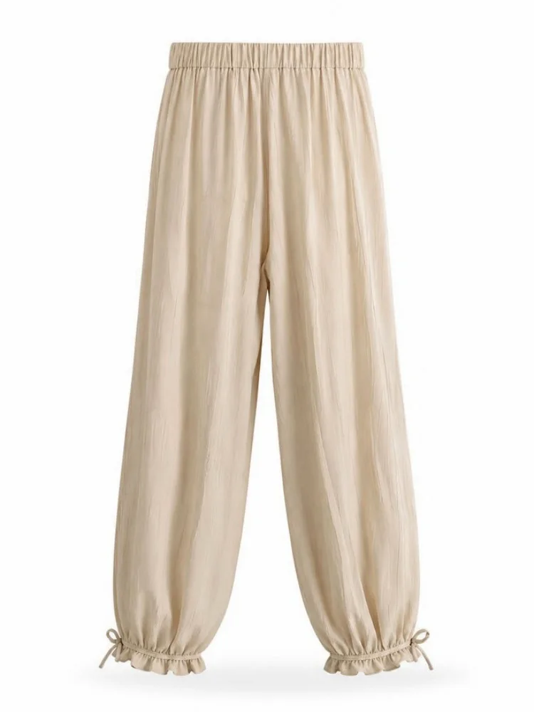 Women Wide Leg Lounge Pants Elastic Waist Casual Loose Trousers with Bow Tie Hem