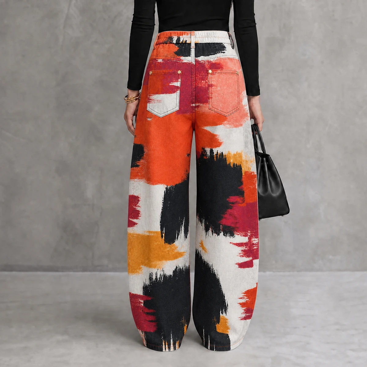 UOOZEE 2026 Women Fashion Contrast Color Printed Metal Eyelet Hollow Pants High Waisted Wide Leg Pockets Casual Office Trousers