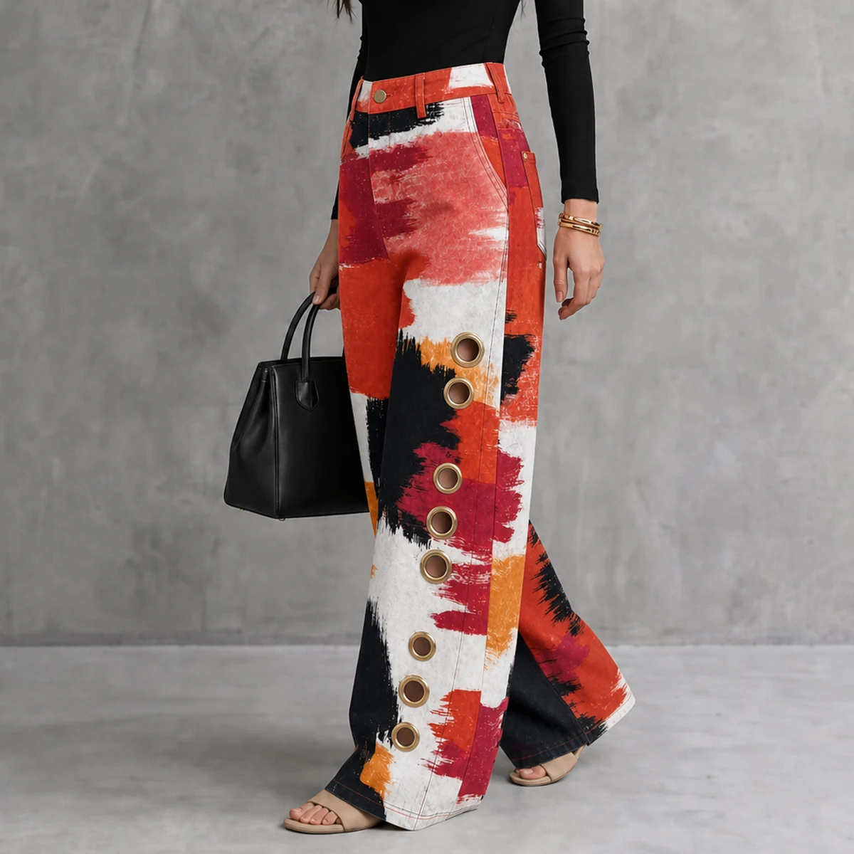 UOOZEE 2026 Women Fashion Contrast Color Printed Metal Eyelet Hollow Pants High Waisted Wide Leg Pockets Casual Office Trousers