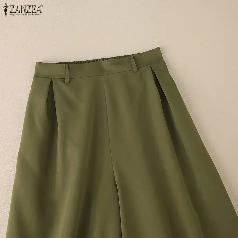 ZANZEA Stylish Women's Wide Leg Pants Elegant High Waist Loose Solid Color Trousers 2025 Autumn Commuting Streetwear S-3XL