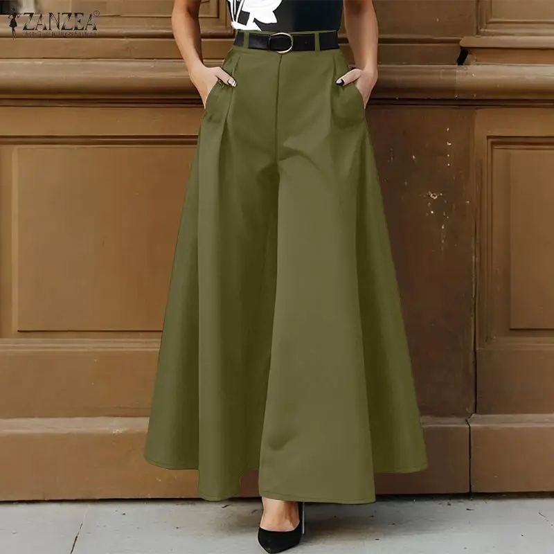 ZANZEA Stylish Women's Wide Leg Pants Elegant High Waist Loose Solid Color Trousers 2025 Autumn Commuting Streetwear S-3XL