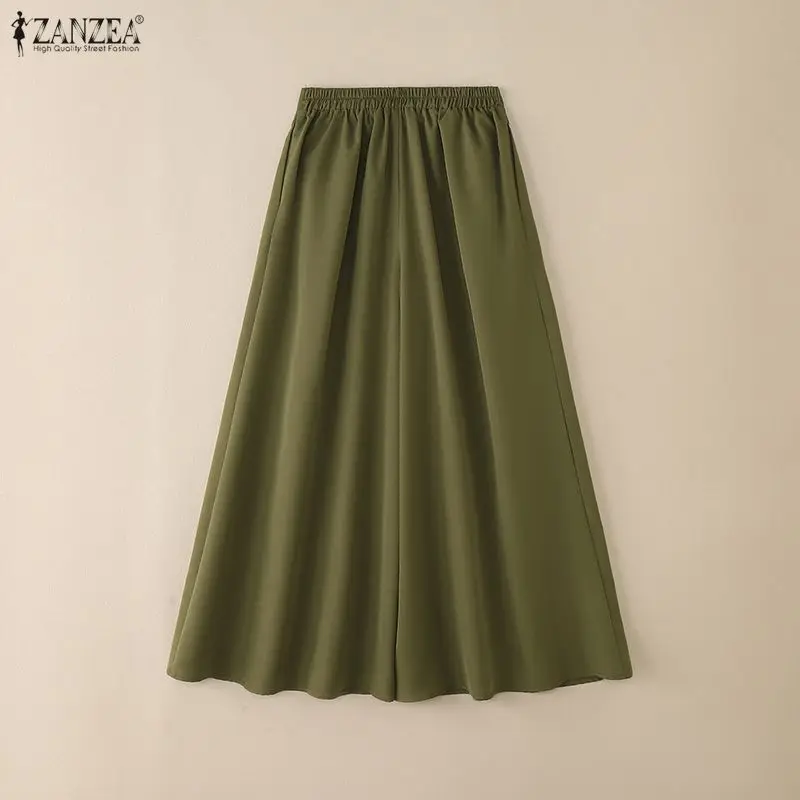 ZANZEA Stylish Women's Wide Leg Pants Elegant High Waist Loose Solid Color Trousers 2025 Autumn Commuting Streetwear S-3XL