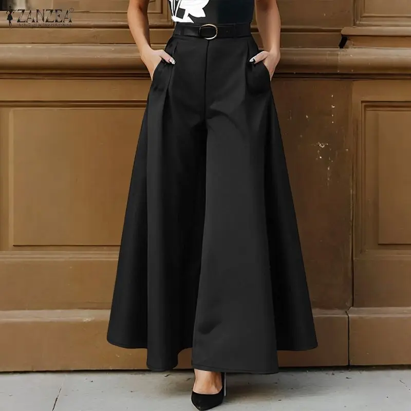ZANZEA Stylish Women's Wide Leg Pants Elegant High Waist Loose Solid Color Trousers 2025 Autumn Commuting Streetwear S-3XL