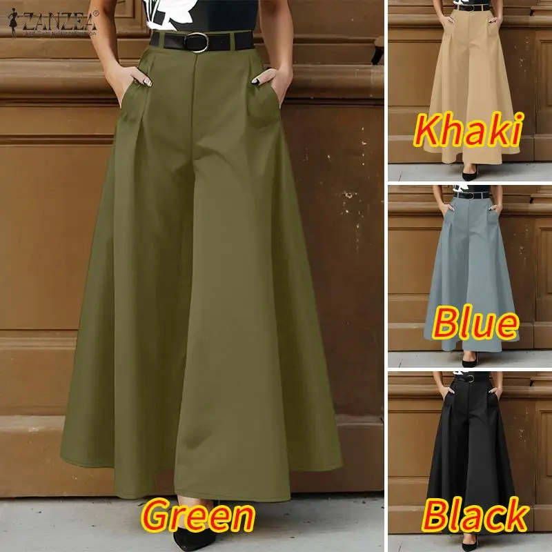 ZANZEA Stylish Women's Wide Leg Pants Elegant High Waist Loose Solid Color Trousers 2025 Autumn Commuting Streetwear S-3XL