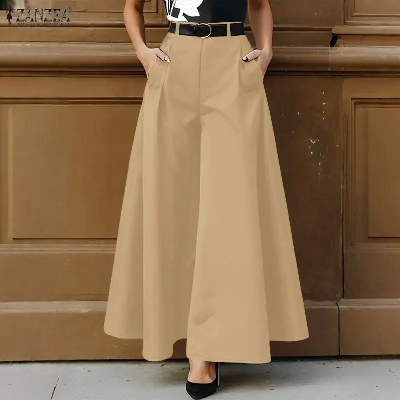 ZANZEA Stylish Women's Wide Leg Pants Elegant High Waist Loose Solid Color Trousers 2025 Autumn Commuting Streetwear S-3XL