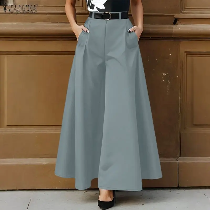 ZANZEA Stylish Women's Wide Leg Pants Elegant High Waist Loose Solid Color Trousers 2025 Autumn Commuting Streetwear S-3XL