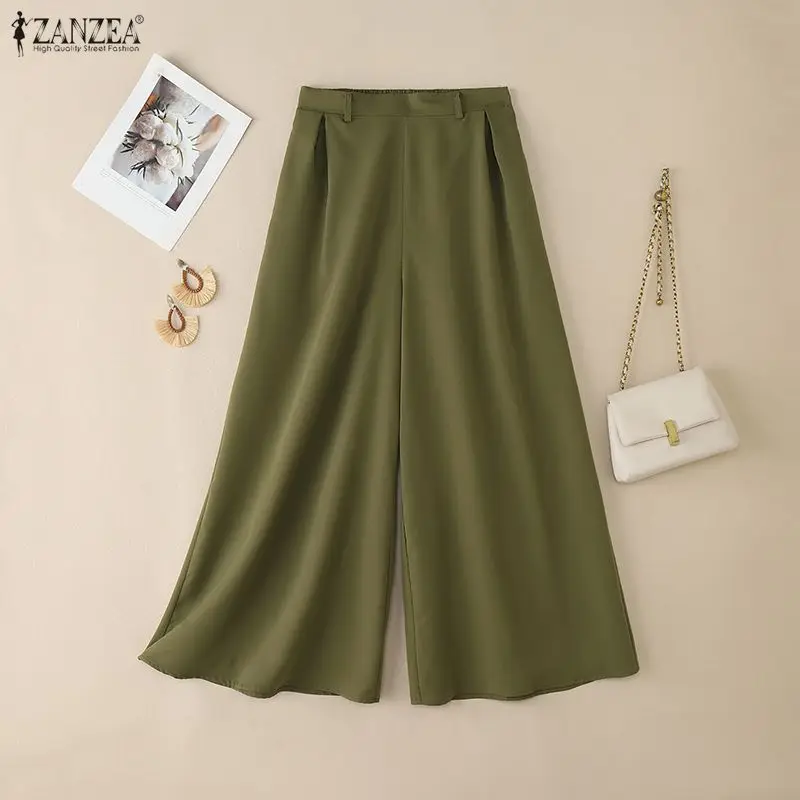 ZANZEA Stylish Women's Wide Leg Pants Elegant High Waist Loose Solid Color Trousers 2025 Autumn Commuting Streetwear S-3XL