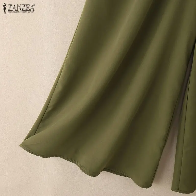 ZANZEA Stylish Women's Wide Leg Pants Elegant High Waist Loose Solid Color Trousers 2025 Autumn Commuting Streetwear S-3XL