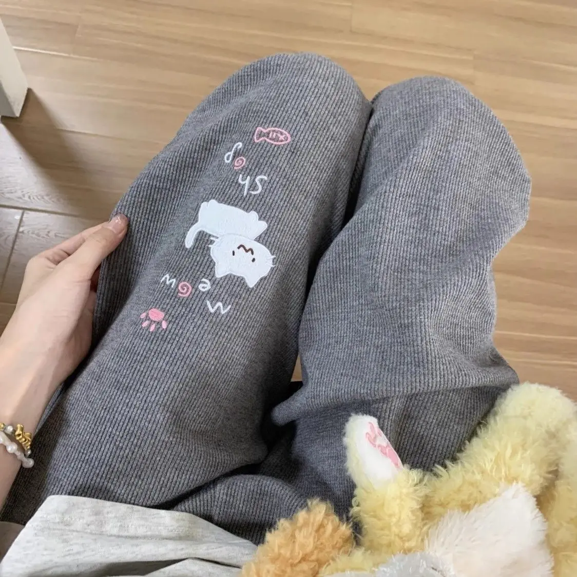 Sweatpants Women Japanese Chic Y2k Pants Cute Pantalon Femme 2025 New Bottoms Cat Embroidery Straight Tunic High Waist Trousers