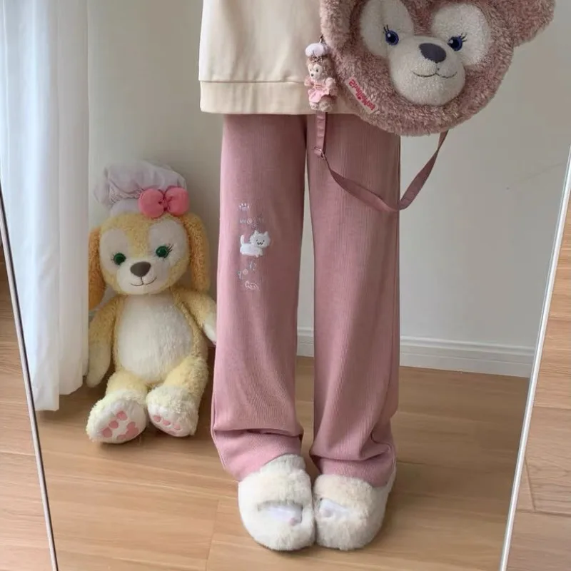 Sweatpants Women Japanese Chic Y2k Pants Cute Pantalon Femme 2025 New Bottoms Cat Embroidery Straight Tunic High Waist Trousers