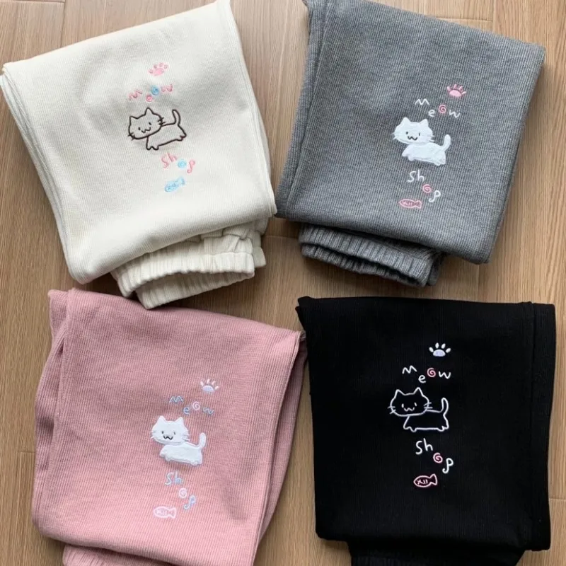 Sweatpants Women Japanese Chic Y2k Pants Cute Pantalon Femme 2025 New Bottoms Cat Embroidery Straight Tunic High Waist Trousers