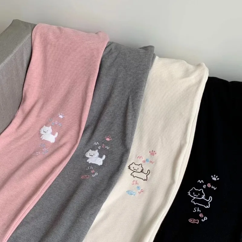 Sweatpants Women Japanese Chic Y2k Pants Cute Pantalon Femme 2025 New Bottoms Cat Embroidery Straight Tunic High Waist Trousers