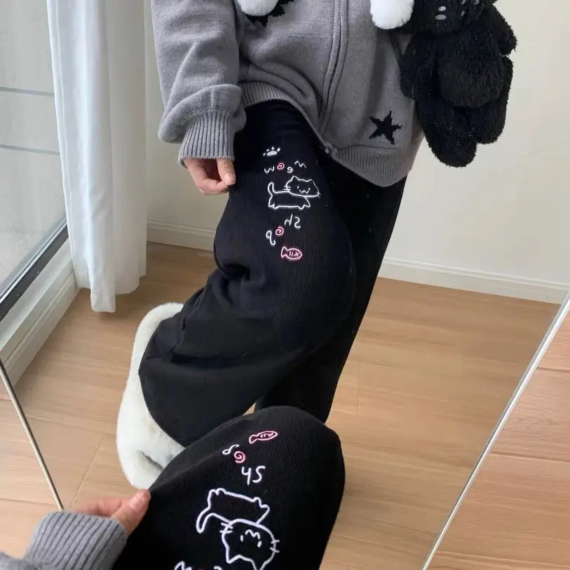 Sweatpants Women Japanese Chic Y2k Pants Cute Pantalon Femme 2025 New Bottoms Cat Embroidery Straight Tunic High Waist Trousers