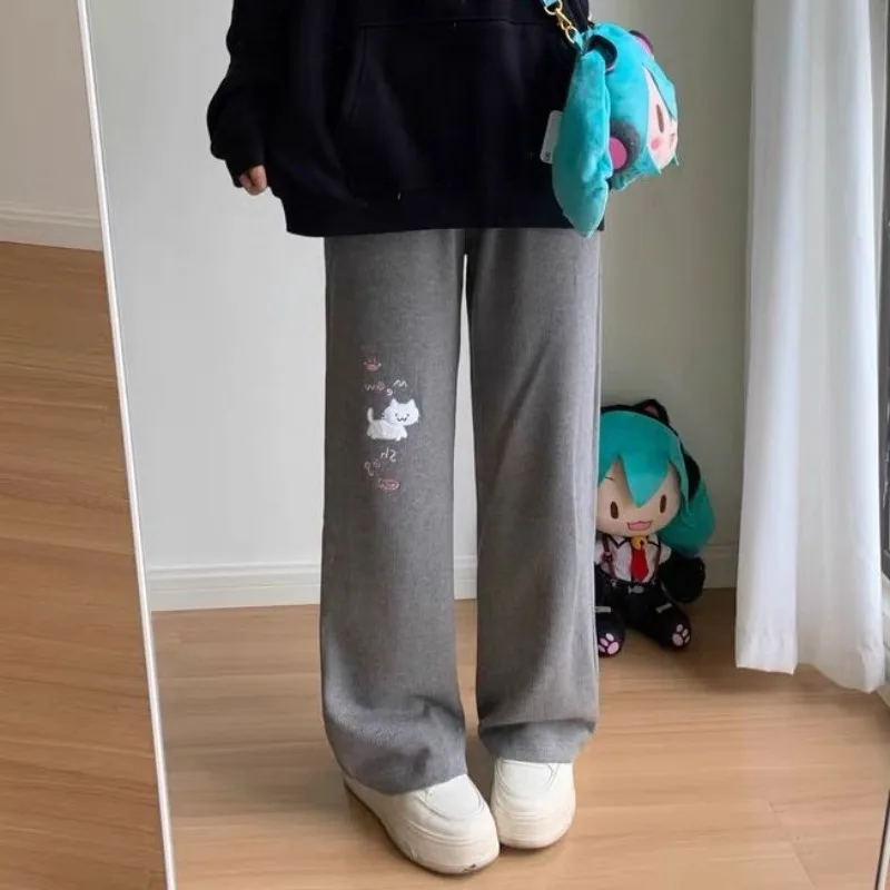 Sweatpants Women Japanese Chic Y2k Pants Cute Pantalon Femme 2025 New Bottoms Cat Embroidery Straight Tunic High Waist Trousers